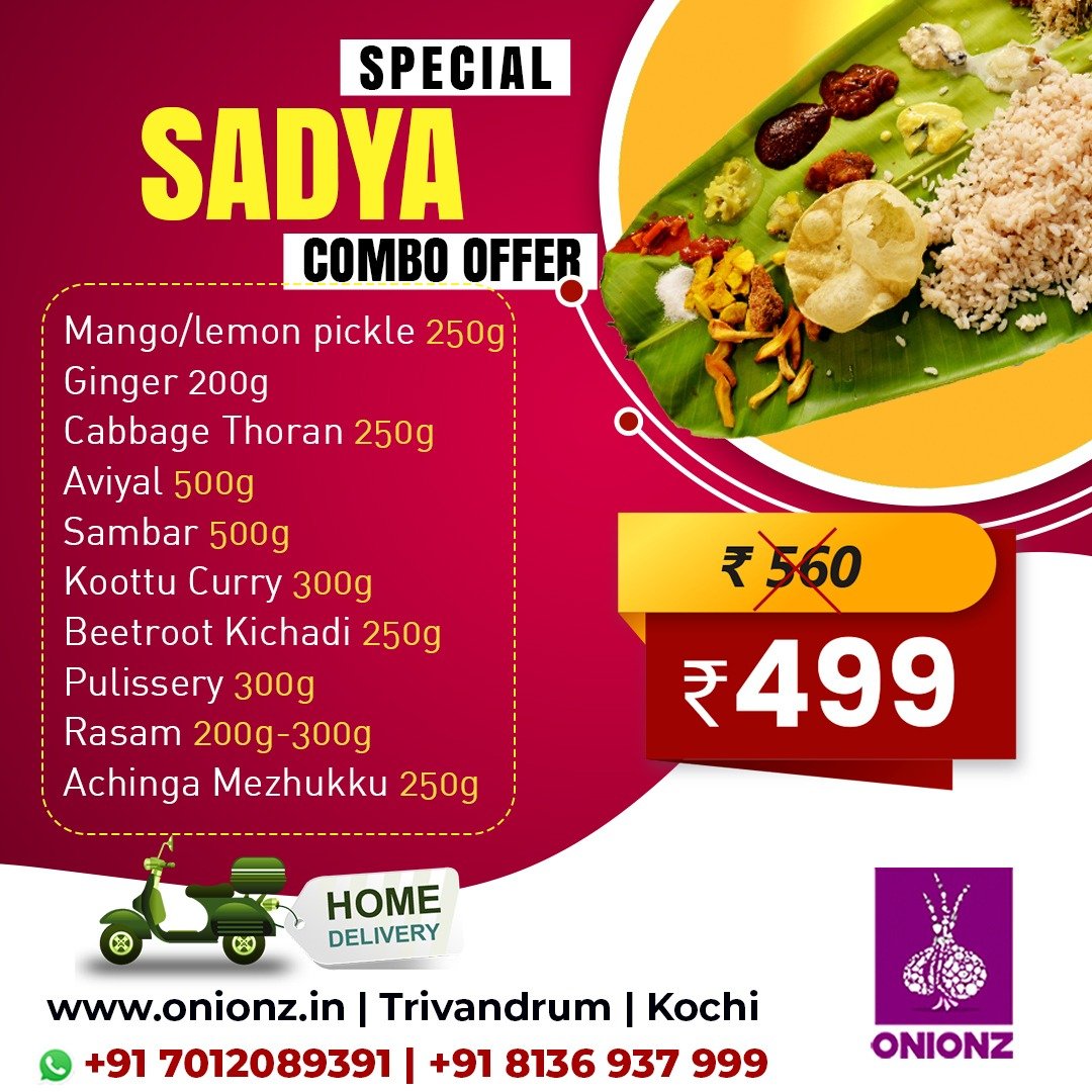 Sadya Combo 2(Mango/Lemon Pickle,Ginger,Cabbage Thoran,Aviyal,Sambar,Koottu Curry,Beetroot Kichadi,Pulisery,Rasam,Achinga Mezhukku)